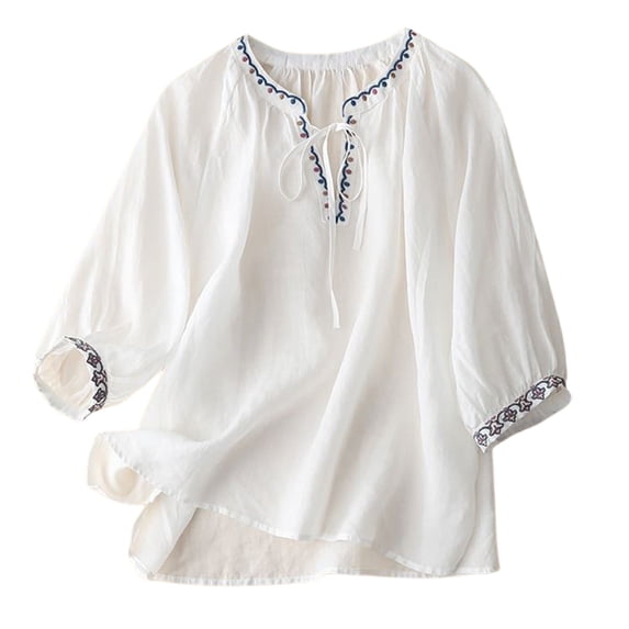 Tmtolofot Women Short Sleeve Top Cotton Linen Embroidery Tunic Tops Female Casual Fit V Neck Tees Shirt Ladies Vintage Boho Breath Blouses Shirt Thin Comfy Lapel T Shirt,1_White,Medium