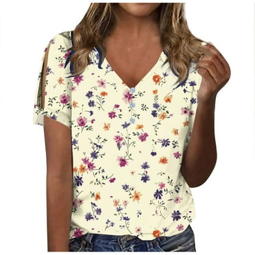 Tmtolofot Women's Casual Blouses Fashion 2024 Tee Printed Short Sleeve Daily Weekend Basic Vneck Tops Tunic Tshirts Side Shoulder Hollow Out Blouse Tops 2#Yellow 3X-Large