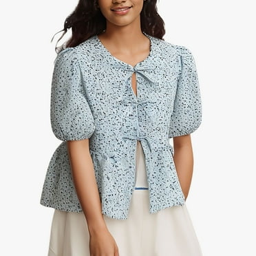 Tmtolofot Women's Casual Tops Overwear Button-Down Shirts For Womens Solid Color Puff Sleeve T Shirts Front Tie Pleated Top With Skirts Basic Cold Shoulder Blouse,2_Blue,Medium