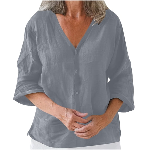 Tmtolofot Women's Cotton Linen Tops Women Round Collar Boxy Top Patchwork Blouses For Women 3/4 Sleeve Womens Gauze Shirt Casual Patch Work Lounge Blouse Tops