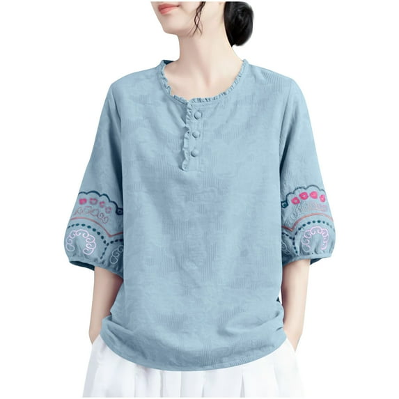 Tmtolofot Women's Embroidered Tops Ladies Blouson Sleeve Shirtsbasic Pleated Tunic Blouse Casual Round Neck Tops Lightweight, Comfy, Soft,Sexy Tshirts,1_Purple,Large