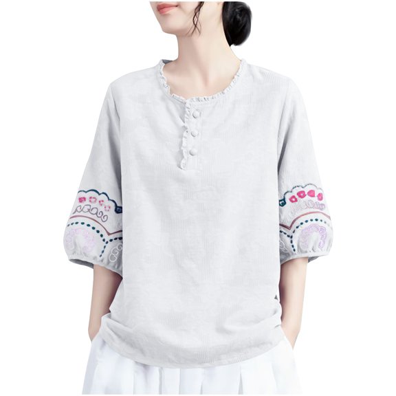 Tmtolofot Women's Embroidered Tops Ladies Blouson Sleeve Shirtsbasic Pleated Tunic Blouse Casual Round Neck Tops Lightweight, Comfy, Soft,Sexy Tshirts,2_Pink,X-Large