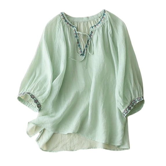 Tmtolofot Women's Embroidered Tops Ladies Blouson Sleeve Shirtsbasic Pleated Tunic Blouse Casual Round Neck Tops Lightweight, Comfy, Soft,Sexy Tshirts,2_White,X-Large