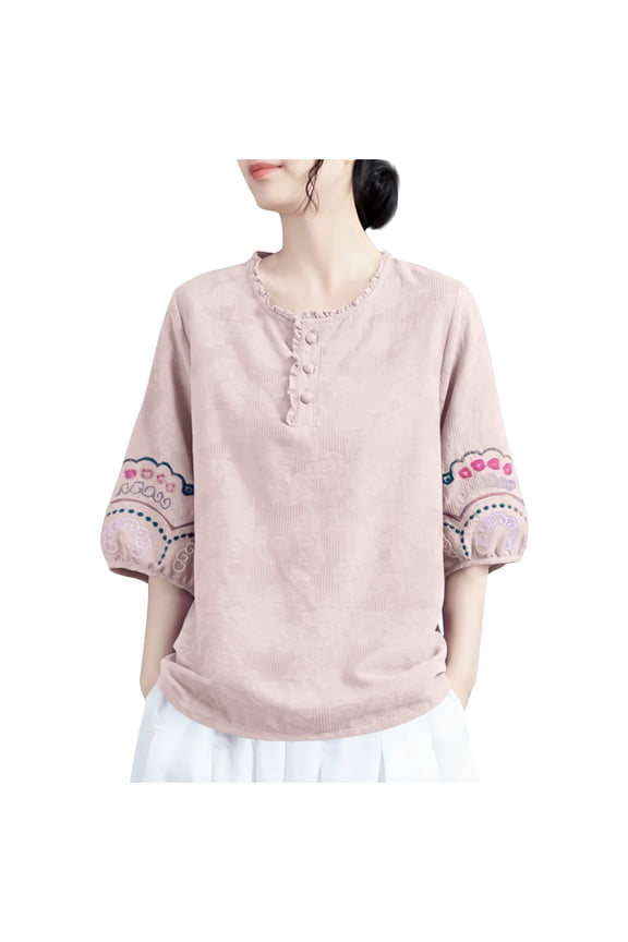 Women's Embroidered Tops Ladies Blouson Sleeve Shirtsbasic Pleated Tunic Blouse Casual Round Neck Tops Lightweight, Comfy, Soft,Sexy Tshirts,1_White,3X-Large