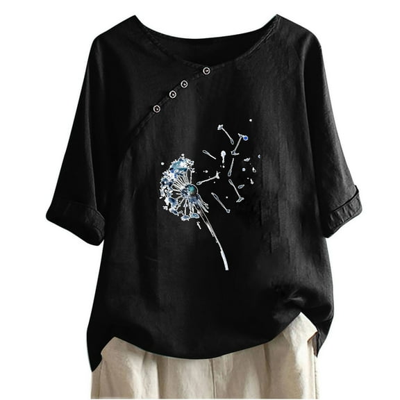 Tmtolofot Women's Floral Graphic Y2K Top Solid Color Dandelion Print Tees For Female Crew Neck High Low Hem Tunic Tops Womens Button Down Loose Shirts，2_Black，Medium