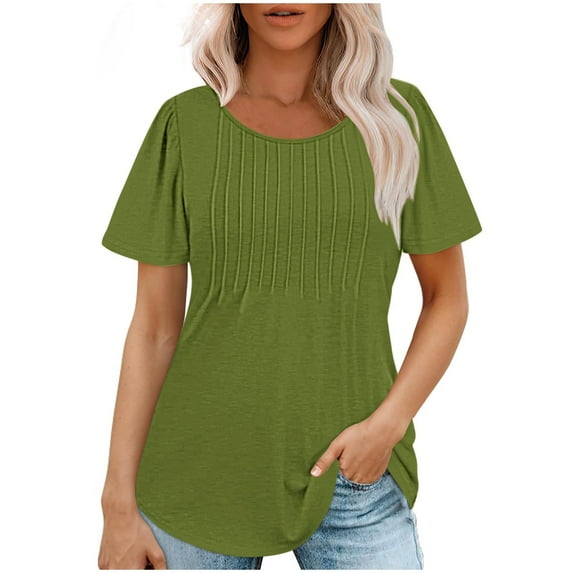 Tmtolofot Women's Gradient Top Summer Pleated Printed Shirt Female Loose Short Sleeve Tops Basic Round Neck T-Shirt 2024 Fashion Tunic Blouses For Leggings,2_Army Green,Large