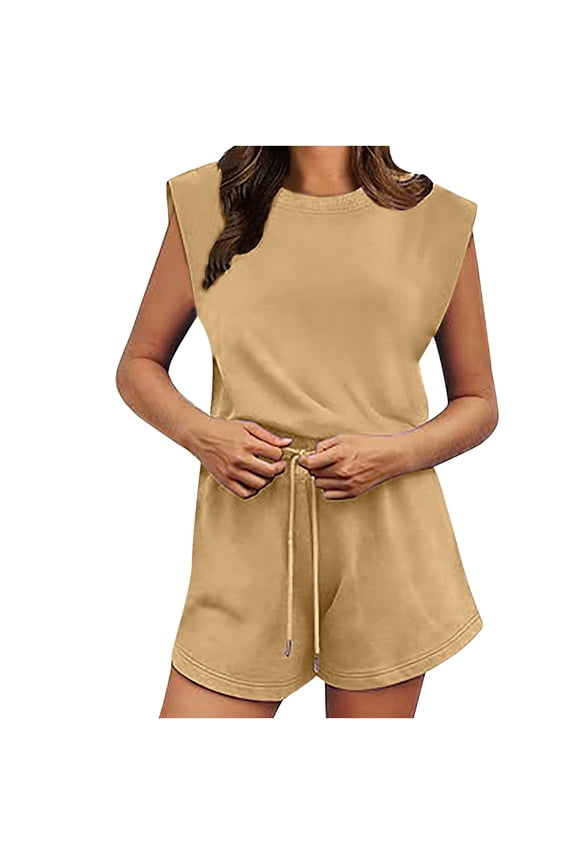 Women's High Neck Sleeveless Jumpsuits Spaghetti Straps Elastic Waist Long Pants Overalls With Pockets Summer Casual Gym Jumpers , 1#Khaki , Small
