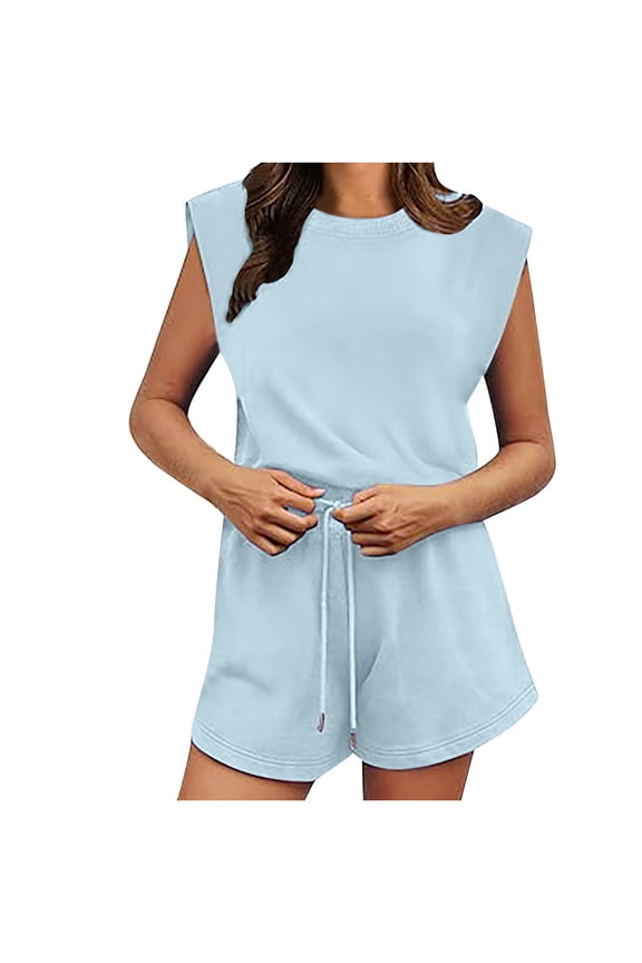 Women's High Neck Sleeveless Jumpsuits Spaghetti Straps Elastic Waist Long Pants Overalls With Pockets Summer Casual Gym Jumpers , 1#Sky Blue , Medium