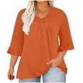 thumbnail image 1 of Tmtolofot Women's Plus Size Cotton Tops 3/4 Ruffle Sleeve Pleated Shirts Female Casual Loose Fit Neck Blouse Shirt Womens Fashion Dressy Stretch Tees,2_Orange,4X-Large, 1 of 7