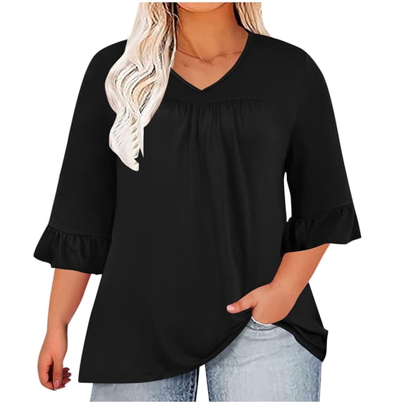 Tmtolofot Women's Plus Size Cotton Tops 3/4 Ruffle Sleeve Pleated Shirts Female Casual Loose Fit Neck Blouse Shirt Womens Fashion Dressy Stretch Tees,1_Black,Large