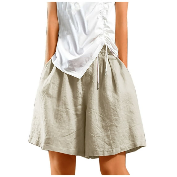 Tmtolofot Women's Solid Cotton Linen Thin Shorts Solid Color Comfortable Pocket Elastic Waist Drawstring Wide Leg Lounge Shorts For Workout Running Yoga Gym , 1#Khaki , X-Large