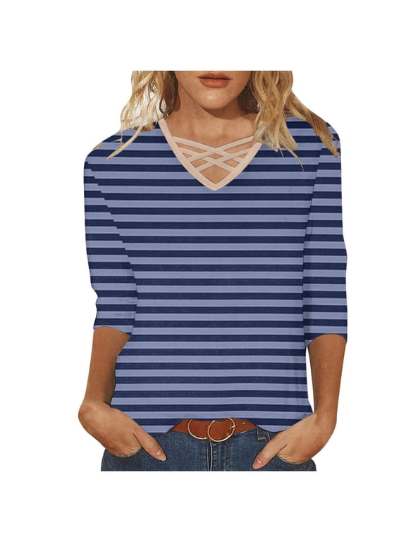 Women's Striped 3/4 Sleeve Tops Ladies Pattern Tees Shirts Casual V Neck Tunic Top 2024 Summer Going Out Clothing Womens Fashion T-Shirt,1_Green,5X-Large