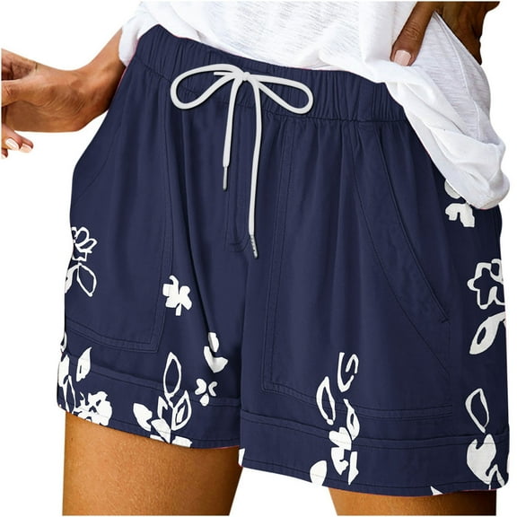 Tmtolofot Women's Summer Hawaiian Beach Shorts 2024 Floral Elastic Mid Waisted Belted Casual Short Lounge Pants With Pockets Holiday Vacation Shorts,1#Navy,Xx-Large