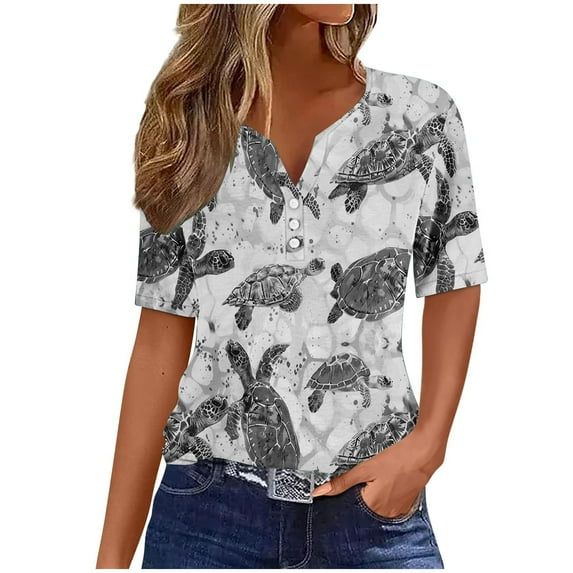 Tmtolofot Women's Summer Retro Casual Floral Print Button Down V-Neck Short Sleeve Tunic Shirts Women Casual Loose Blouse Vintage Print Top 2#Black Large