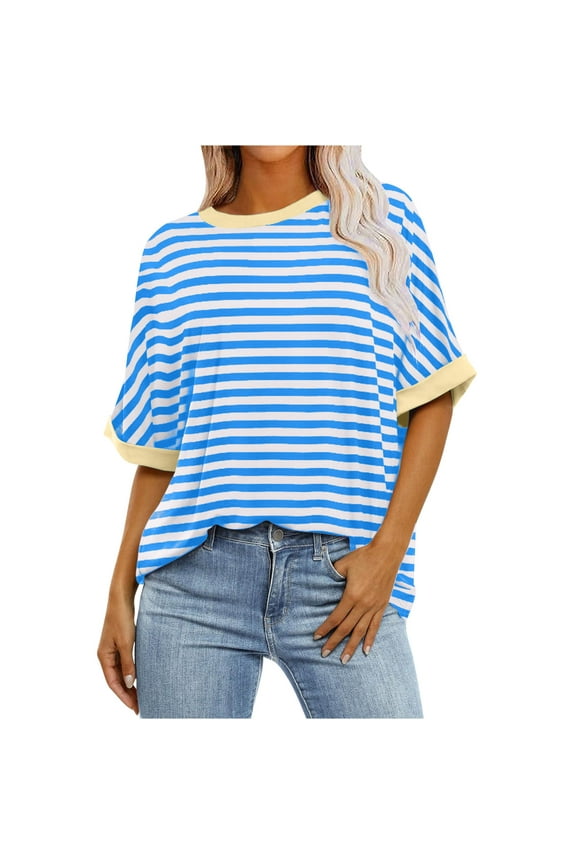 Women's Tops stripe Print Boxy Tee Shirts Women round neck 3/4 Sleeve Summer plus size T Shirts female looses lightweight For Leggings Workout Yoga Party,1_Blue,Large