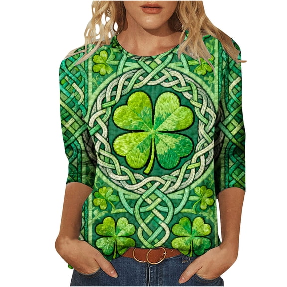Tmtolofot Womens 3/4 Length Sleeve Tops St. Patrick's Day Shamrock Print Crew Neck Basic Tees Holiday Funny Shirts Casual Loose Fit Blouses Three Quarter Sleeve Blouse Top Green S