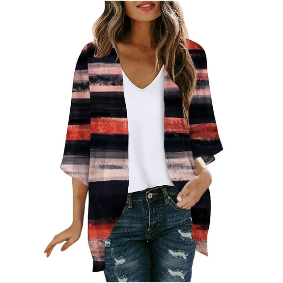Tmtolofot Womens Cardigans 3/4 Sleeves Plus Size Floral Print Draped Ruffles Women's Lightweight Cardigan Loose Chiffon Cover Up Casual Blouse Tops Going Out Cardigan,5_Multicolor,Large