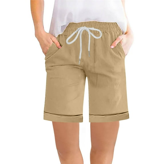Tmtolofot Womens Casual Knee Length Shorts,Women's Solid Color Loose Fitted Comfy Short Pants Female Hawaiian Beach Shorts Drawstring Front Tie Soft Touches Shorts,1#Khaki,Large