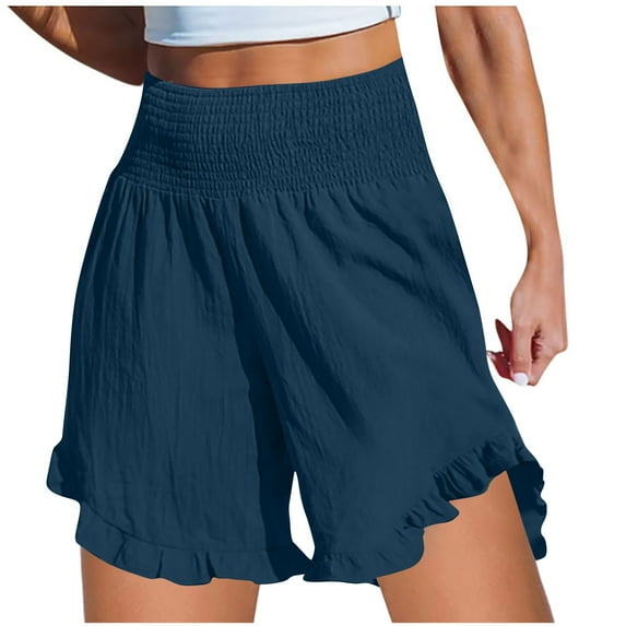 Tmtolofot Womens Casual Shorts High Waisted Solid Color Ruffles Short Pants Female Comfy Elastic Waist Drawstring Pocket Shorts Pants,1#Navy,X-Large
