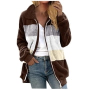 Tmtolofot Womens Colorblock Oversize Fuzzy Coats Full Zip Fleece Sweater Jackets with Pocket,Coffee,Small
