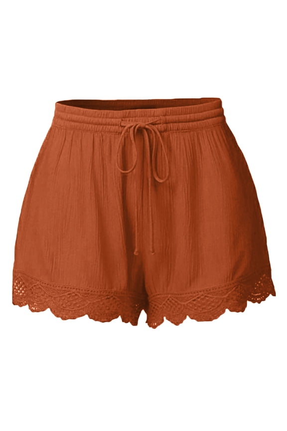 Womens Lace Trim Shorts Pants Loose Fit Lightweight Short Casual Front Tie Solid Color Shorts Shirring Breathable Durable Shorts Going Out Clothings,1_Brown,4X-Large