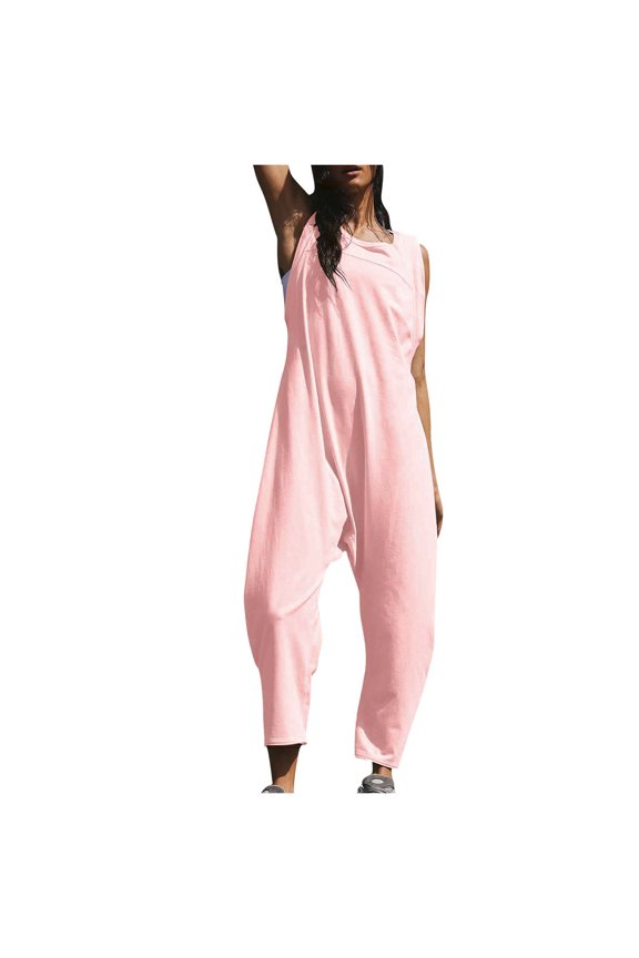 Womens One Piece Jumpsuit Casual Solid Color Sleeveless Rompers Wide Leg Long Pants Unitard Tummy Control Spandex Bodysuit For Yoga, Workout , 1#Pink , XX-Large