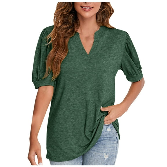 Tmtolofot Womens Solid Color Top Loose V Neck T Shirts For Women Puff Sleeve Fitted Tunic Shirt Female Basic Short Sleeves Blouse Ladies Side Ruched Tees,1_White,Medium