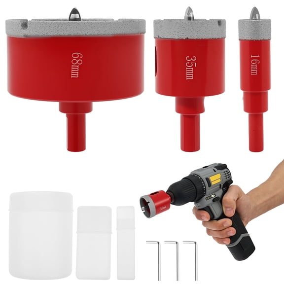 Tmwefusc 3 Piece Diamond Hole Saw with Pilot Drill (16mm, 35mm, 68mm) Ideal for Precise Drilling in Porcelain Ceramic Granite Stone and Glass Bottle Expertly Designed for the Professional