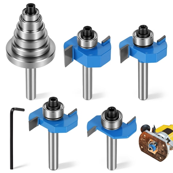 4Pcs Router Bits 1/4 Shank with 6 Bearings Set, Rabbeting Router Bit can Interchangeable and Adjustable Multi Depths Cutter 1/8", 1/4", 5/16", 3/8", 7/16", 1/2", Wood Biscuit Slot Cutters