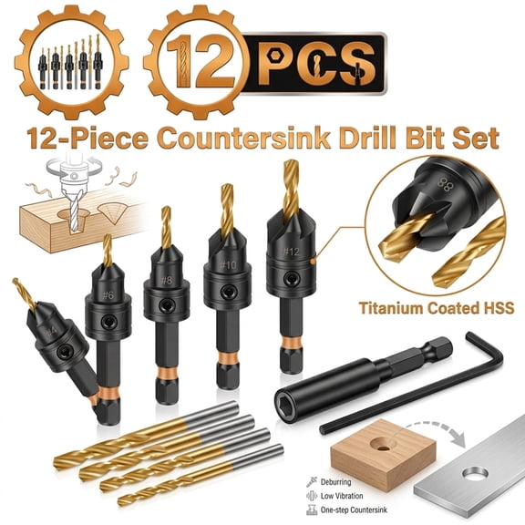 Adjustable Countersink Drill Bit Set, HSS Woodworking Countersink Bits, 1/4" Hex Shank for Wood, Plastic & Soft Metal, 12 Piece Kit