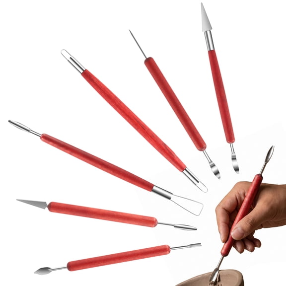 Clay Sculpting Tool Set, 6Pcs Portable Double Sided Pottery Carving Tool, Durable Stainless Steel Blades with Redwood Handles for Carving, Shaping, and Smoothing