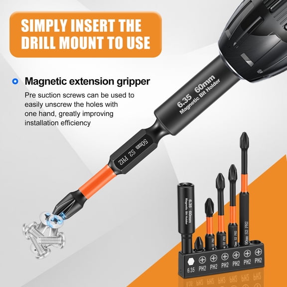 Tmwefusc 7Pcs Cross Head Screwdriver Bit Chromium Molybdenum Steel 1/4 Inch Hex Shank Magnetic Impact Driver Bit for Screw Power Drill Tight Space