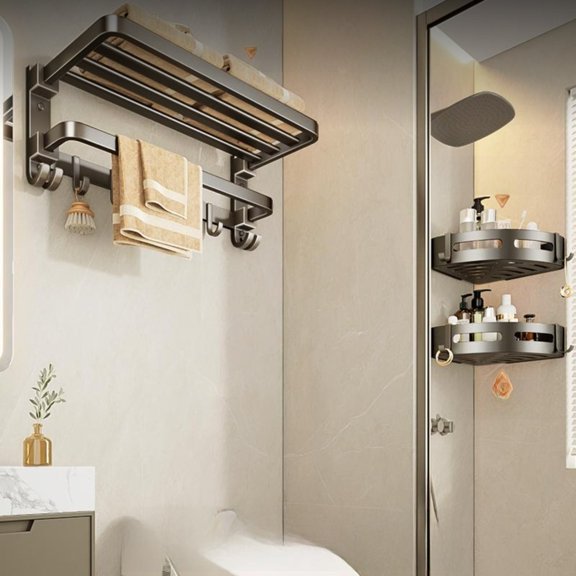 Tnarru Foldable Towel Rack Set, Space Aluminum, No-Drill Organizer 3 Piece Set