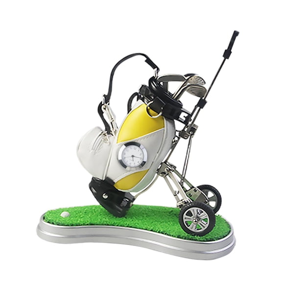 Tnarru Mini Golf Pen Holder with Cart Golf Desk Toy Storage Golfer Fans Gifts with Mini Clock Desktop Decoration Husband Golf Lovers Yellow White