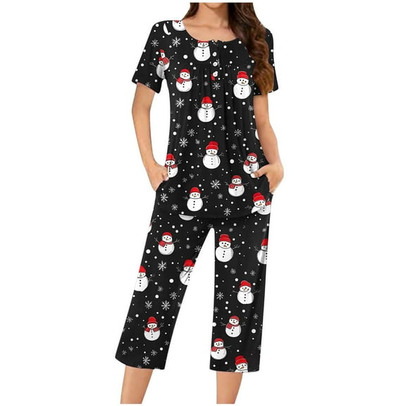 Tnhcen 2-Piece Christmas Pajamas for Women Round Neck Short Sleeve Capri Pants with Pockets Cozy Joyful Festive Nightwear Homewear S-3XL
