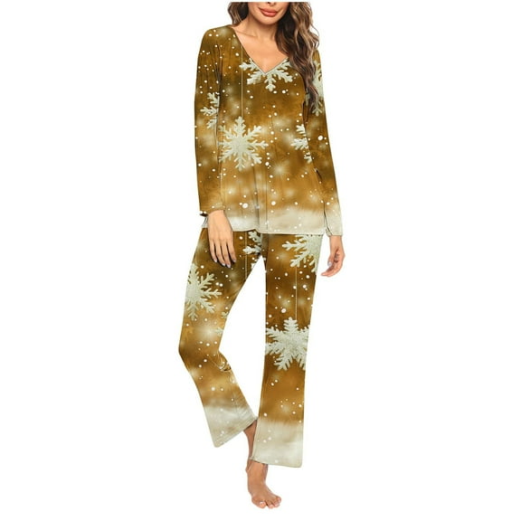 Tnhcen 2-Piece Christmas Snowflake Print Pajamas for Women Warm Soft V-Neck Casual Long Sleeve Top Pants Pjs Set Lounge Nightwear Homewear S-3XL