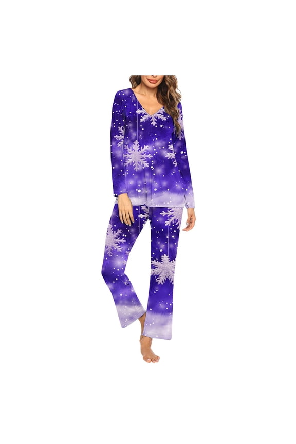 2-Piece Christmas Snowflake Print Pajamas for Women Warm Soft V-Neck Casual Long Sleeve Top Pants Pjs Set Lounge Nightwear Homewear S-3XL
