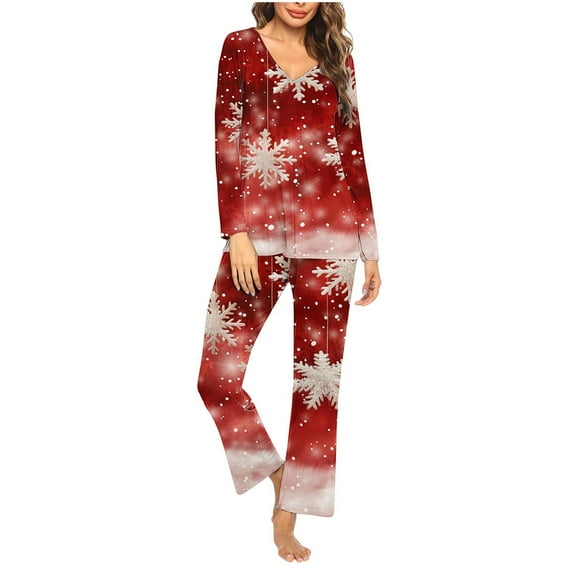 Tnhcen 2-Piece Christmas Snowflake Print Pajamas for Women Warm Soft V-Neck Casual Long Sleeve Top Pants Pjs Set Lounge Nightwear Homewear S-3XL