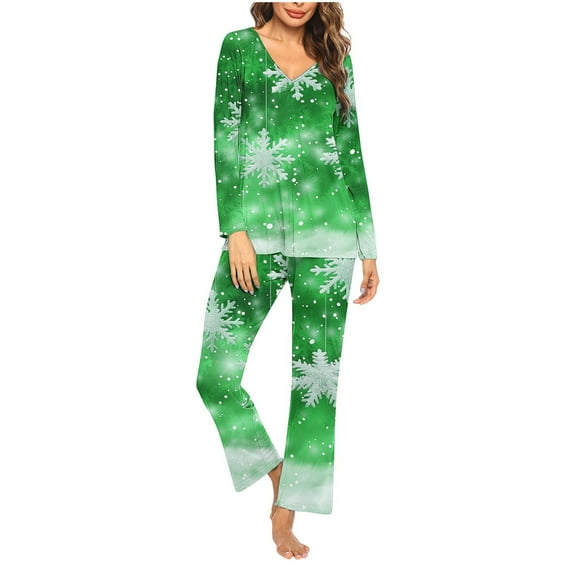 Tnhcen 2-Piece Christmas Snowflake Print Pajamas for Women Warm Soft V-Neck Casual Long Sleeve Top Pants Pjs Set Lounge Nightwear Homewear S-3XL