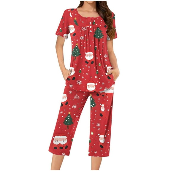 Tnhcen 2-Piece Merry Christmas Pajamas Set Round Neck Short Sleeve Capri Pants with Pockets Cozy Santa Claus Print Nightwear Lounge Home Clothes S-3XL