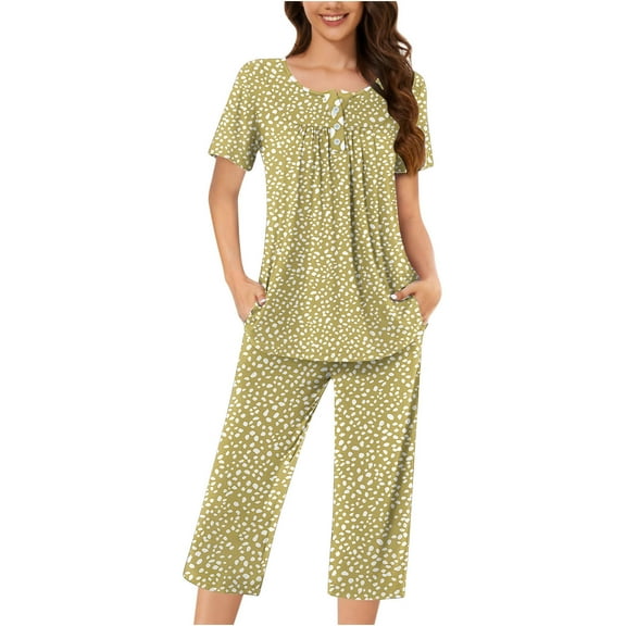 Tnhcen 2 Piece Set Henley Neck Short Sleeve Capri Pant With Pockets Ladies Pjswomen Summer Sleepwear Pajama Set