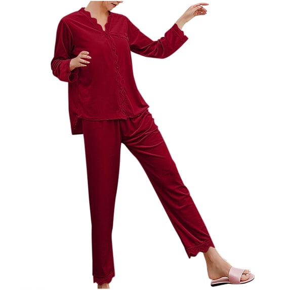 Tnhcen 2 Piece Sexy Lace Trim Women's Velvet Pajamas Set Long Sleeve Button Up Shirts Pant Soft Sleepwear Homewear Set M-2XL