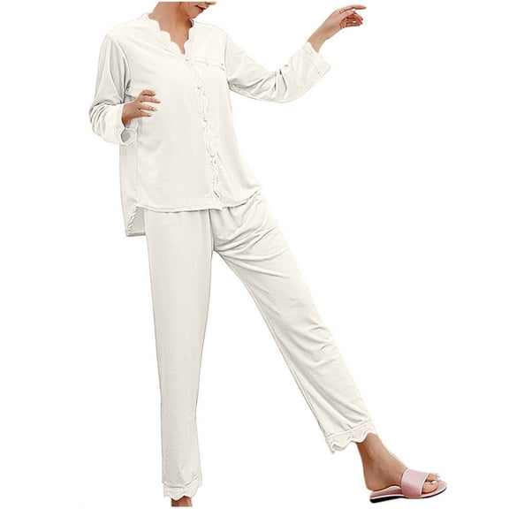 Tnhcen 2 Piece Sexy Lace Trim Women's Velvet Pajamas Set Long Sleeve Button Up Shirts Pant Soft Sleepwear Homewear Set M-2XL