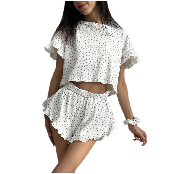 Tnhcen 2 Piece Short Sleeve Women's Pajama Sets Cute Pajamas Ruffle Lounge Sets Soft Sleepwear Set S-2XL