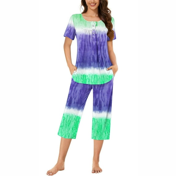Tnhcen 2 Piece Women's Gradient Print Pajamas Sets Short Sleeve Top Capri Pants Pjs Sleepwear with Pockets Homewear S-3XL