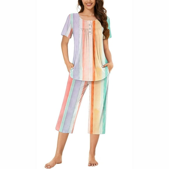 Tnhcen 2-Piece Women's Print Summer Loose and comfortable Pajama Set Smooth Short Sleeve Capri Pants with Pockets S-3XL