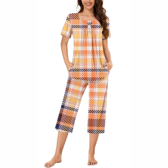 Tnhcen 2 Piece Women's Print Summer Pajama Set Soft Sleepwear Pjs Lounge Sets Short Sleeve with Pockets Homewear S-3XL