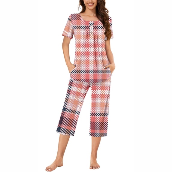 Tnhcen 2 Piece Women's Print Summer Pajama Set Soft Sleepwear Pjs Lounge Sets Short Sleeve with Pockets Homewear S-3XL
