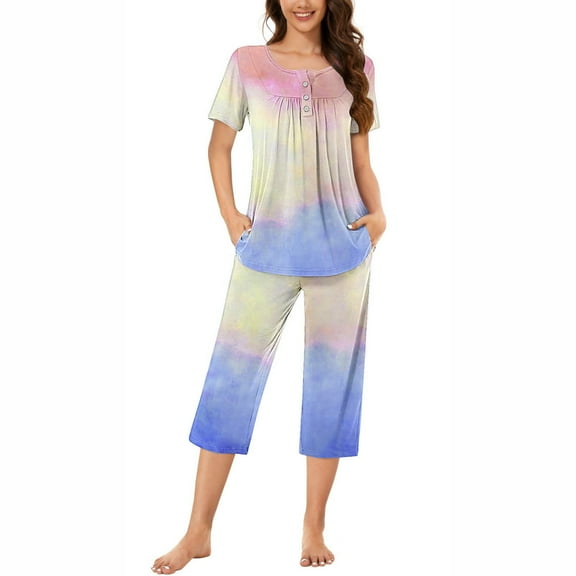 Tnhcen 2 Piece Women's Tie Dye Short Sleeve Lounge Pajamas Set Capri Pants with Pockets Homewear S-3XL