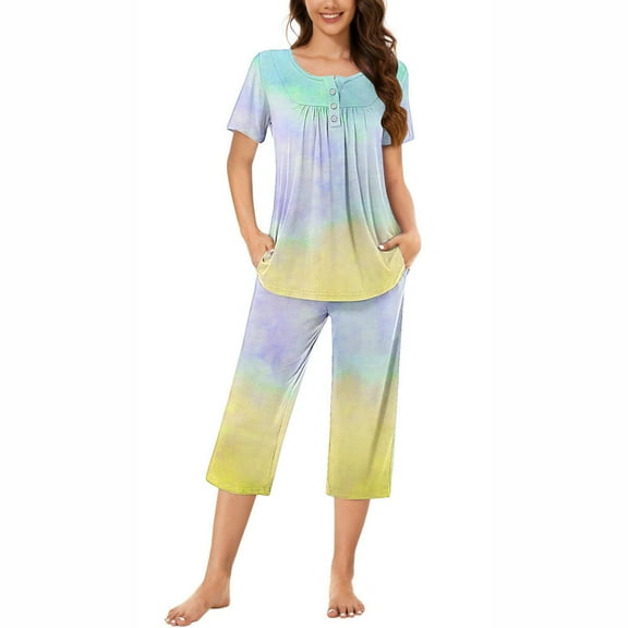 Tnhcen 2 Piece Women's Tie Dye Short Sleeve Lounge Pajamas Set Capri Pants with Pockets Homewear S-3XL